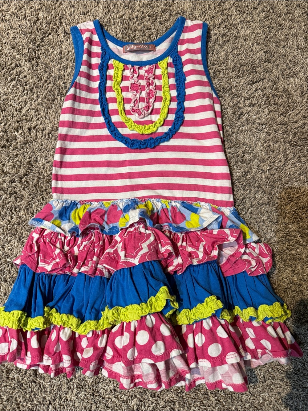 Jelly The Pug Pink & Blue Striped Ruffle Tank with Lime Accents